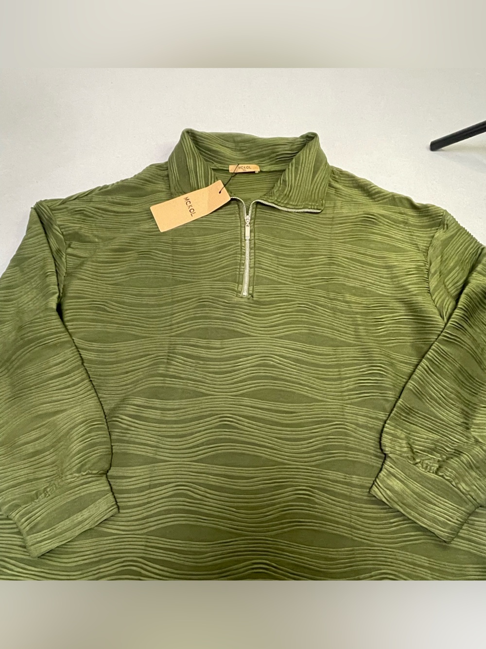 Olive Green Quarter-Zip Textured Pullover Sweater